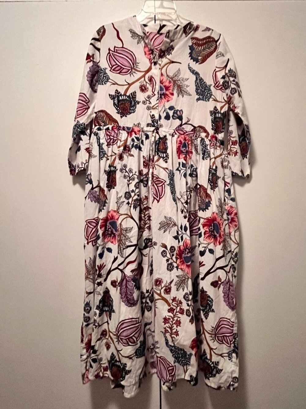 Block print dress, empire waist with drawstring, cotton, hand made. Size large.